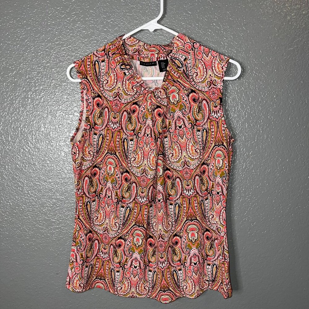 Tahari Paisley Print Sleeveless Top Size M | Draped Twist Neck Career Blouse